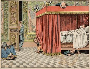 Kuvitus kirjasta "Le bon roy Henri", kuvittanut Jacques Marie Gaston Onfray de Breville dit JOB (1858-1931): Henri IV asuu Pariisissa vakoojien silmän alla - Yksityiskokoelma tekijältä pseudonym for Onfray de Breville Jacques Job