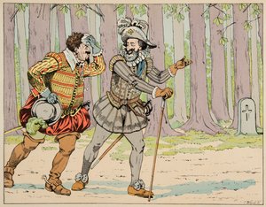 Kuvitus kirjasta "" Le bon roy Henri"", kuvittanut Jacques Marie Gaston Onfray de Breville dit JOB (1858-1931): Henri IV myöntää armahduksen Mayennen herttua Charles de Lorrainelle (1554-1611) pakotettuaan hänet pieneen harjoitteluun - Priva tekijältä pseudonym for Onfray de Breville Jacques Job