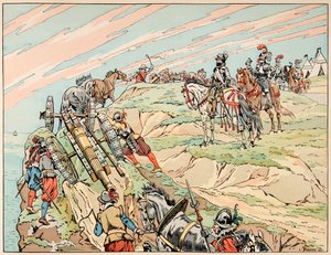Kuva otettu kirjasta "" Le bon roy Henri"", kuvittanut Jacques Marie Gaston Onfray de Breville dit JOB (1858-1931): sodassa käyvä Henri IV perusti leirinsä tykistönsä kanssa Dieppen lähelle - Yksityinen kokoelma tekijältä pseudonym for Onfray de Breville Jacques Job
