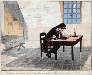 Valenciassa (vankilassa) Napoleon käyttää sitä hyväkseen opiskellakseen Digestiä ja tullakseen erittäin vahvaksi laissa - Napoleon luki Digesteen ja vahvisti lain tuntemustaan - Jobin (Jacques Onfroy de Breville) litografia "" Le Grand Napoleon des Petites tekijältä pseudonym for Onfray de Breville Jacques Job