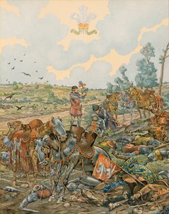 Jacques Marie Gaston Onfroy de Breville dit JOB (1858-1931) - Belgian historia: John 1, Luxemburgin kreivi dit l Blind (1296 - 1346) kaatuu Crecyn taistelussa 26. elokuuta 1346, yksityinen kokoelma tekijältä pseudonym for Onfray de Breville Jacques Job