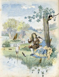 Jean de La Fontaine (Lafontaine) (1621-1695) puhuu nuoren tytön kanssa. Heidän ympärillään runoilijan taruissa esiintyvät eläimet: susi, lammas, haikara, kilpikonna, rotta, sammakko, jänis, kettu, korppi... "" Ranskassa, hänen tarinansa kertoi G. Montorgue tekijältä pseudonym for Onfray de Breville Jacques Job