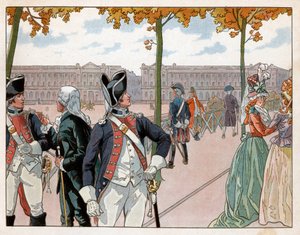 Joachim Murat (1767-1815) ja Bessieres Pariisissa vuonna 1791 yllään kuninkaan perustuslaillisen vartijan puku. Kaiverrus Jacques Marie Gaston Onfray de Breville dit Job (1858-1931) tekijältä pseudonym for Onfray de Breville Jacques Job