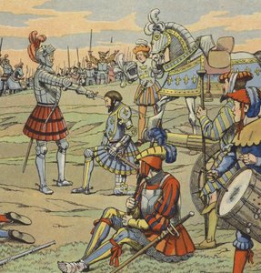 Ranskan kuningas Francis I sai ritarikunnan Chevalier de Bayardilta Marignanon taistelun jälkeen tekijältä pseudonym for Onfray de Breville Jacques Job