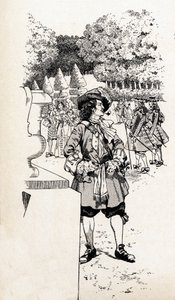 Ranskan kuningas Ludvig XIV kutsui kuningas Soleiliksi (1638-1715) hovimiesten kanssa Versaillesin puutarhoissa. Kuvitus Jobista (Jacques Marie Gaston Onfray ja Breville) (Jacques-Marie) (1858-1931) kirjalle "Ranskan maan suuret historialliset sanat" tekijältä pseudonym for Onfray de Breville Jacques Job