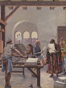 Kuningas Ludvig XI lukee puristimeen painettua asiakirjaa (värilitho) tekijältä pseudonym for Onfray de Breville Jacques Job