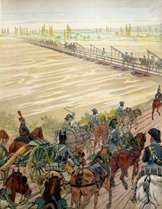 Napoleon I Bonaparte (1769-1821) ja hänen armeijansa ohittivat Reinin 1. lokakuuta 1805. Georges Montorgueilin teoksessa Napoleon. Kuvitus: Jacques Marie Gaston Onfray de Breville dit JOB (1858-1931) tekijältä pseudonym for Onfray de Breville Jacques Job