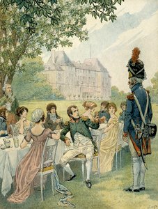 Napoleon I Bonaparte (1769-1821) lounaalla Malmaisonin linnan puutarhassa. Kuvitus: Jacques Marie Gaston Onfray de Breville dit JOB (1858-1931). Yksityinen kokoelma tekijältä pseudonym for Onfray de Breville Jacques Job