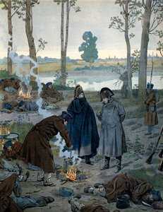 Napoleon I Bonaparte (1769-1821) bivouaceissa Waterloon taistelun aattona vuonna 1815. Georges Montorgueilin teoksessa Napoleon. Kuvitus: Jacques Marie Gaston Onfray de Breville dit JOB (1858-1931) tekijältä pseudonym for Onfray de Breville Jacques Job
