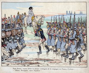 Napoleon tarkastelee armeijan viimeistä joukkoa Ranskan maaseudulla lähellä Reimsiä 16. maaliskuuta tekijältä pseudonym for Onfray de Breville Jacques Job