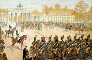 27. lokakuuta 1806 Napoleon I Bonaparte (1769-1821) ja hänen armeijansa saapuivat Berliiniin. Georges Montorgueilin teoksessa "Napoleon". Kuvitus: Jacques Marie Gaston Onfray de Breville dit JOB (1858-1931) tekijältä pseudonym for Onfray de Breville Jacques Job