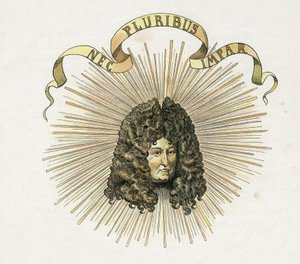 Kuningas Ludvig XIV:n (1638-1715) muotokuva hänen mottonsa latinaksi "Nec pluribus impar" (A ei muuta vastaavaa). "" Ranskassa, hänen tarinansa kertoi G. Montorgueil, kuva Job"" 1896. Yksityinen kokoelma. tekijältä pseudonym for Onfray de Breville Jacques Job