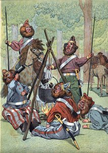 Kohtaus Ranskan historiasta leluissa: Venäjän vetäytymisjakson jälkeen Napoleonin sodan aikana (1812) kasakot pystyttivät bivouakkinsa Champs Elysees