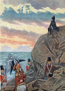 Kohtaus Ranskan historiasta leluissa: Napoleon I Bonaparte (1769-1821) maanpaossa Sainte Helenen saarella (Sainte-Helene) melankolian ja yksinäisyyden asenteessa. "" Joujoux a l