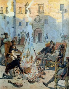 Espanjan sota (1808-1813): Napoleon I Bonaparten (1769-1821) ranskalainen armeija Espanjassa vietti hyvää aikaa. Georges Montorgueilin teoksessa "Napoleon". Kuvitus: Jacques Marie Gaston Onfray de Breville dit JOB (1858-1931) tekijältä pseudonym for Onfray de Breville Jacques Job