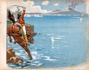 Englantilaiset ratsastivat osavaltionsa rannikoilla, ja ratsastaessaan merenrannalla Napolin kuningas Joachim Murat (1767-1815) näki englantilaisen fregatin, työnsi hevosensa veteen ja hyökkäsi. Kaiverrus Jacques Marie Gaston Onfray de Breville tekijältä pseudonym for Onfray de Breville Jacques Job