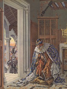 Ikääntynyt Ranskan kuningas Ludvig XI pelkäävät kuolemaa (värilitho) tekijältä pseudonym for Onfray de Breville Jacques Job