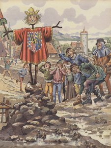 Dinantin asukkaat pilkkaavat Kaarle Rohkean, Burgundin herttuan hahmoa (väri litho) tekijältä pseudonym for Onfray de Breville Jacques Job