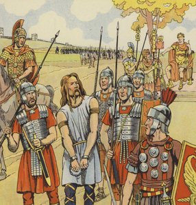 Vercingetorix antautuu Julius Caesarille, 52 eKr. (väri litho) tekijältä pseudonym for Onfray de Breville Jacques Job
