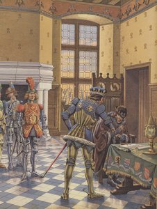 Kaarle Rohkea, Burgundin herttua, tekee sopimuksen kuningas Ludvig XI:lle ja vaatii tätä allekirjoittamaan sen