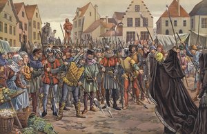 Maria, Burgundin herttuatar, rukoilee Gentin kansaa kahden isänsä valtuutetun hengen puolesta, jotka olivat olleet kirjeenvaihdossa Ranskan kuninkaan Ludvig XI:n kanssa