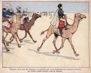 Napoleon debarque sur la terre des Pharaohs - NAPOLEON EGYPTISSÄ - Egyptin kampanjansa aikana hänen mukanaan on tietäjiä, joiden kanssa hän vierailee arkeologisissa kohteissa - Jobin litografia