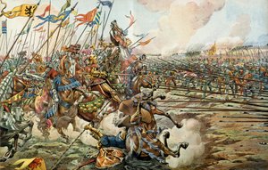 Pojanpojan taistelu burgundilaisten ja sveitsiläisten välillä Grandsonissa, Sveitsissä 2. maaliskuuta 1476. Kuvitus: Jacques Marie Gaston Onfray de Breville dit JOB