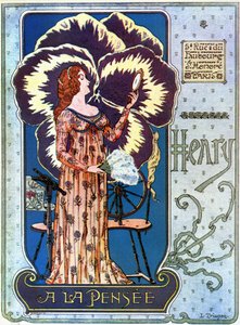 Art Nouveau: mainosjuliste kosmetiikkaliikkeelle "Henry a la Thought" Pariisissa. Nuori nainen ihailee itseään peilissä, takanaan ajatuksen kukka. Kuva L. Trianonista tekijältä pseudonym of Trinquier Louis Trinquier Trianon