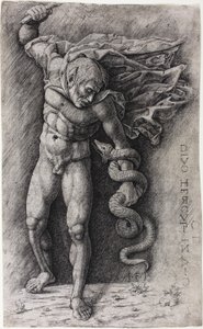 Faun hyökkää käärmettä vastaan tekijältä school of Andrea Mantegna
