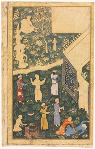 Kaksisivuisen albumin vasen puoli: Outside a Royal Campment (recto) tekijältä style of Bihzad