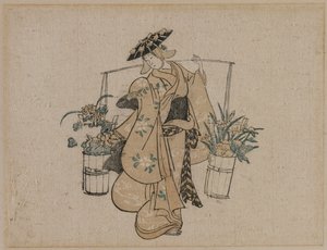 Una bellesa que porta dos galledes de flors finnès tekijältä style of Torii Kiyomasu