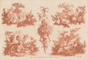 Kaksi pastoraalivinjettiä, kaksi metsästysvinjettiä ja pokaali tekijältä the Elder and Jean Baptiste Hüet Gilles Demarteau
