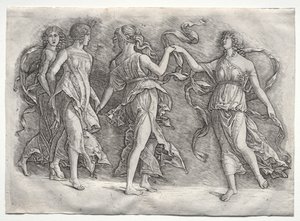 Neljä tanssivaa muusaa, n. 1497. tekijältä the so called Premier Engraver