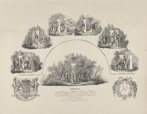 Allegoria kuningas Vilhelm I:n hyveistä, 1831 Vilhelm I Hollannin ensimmäinen perustuslaillinen kuningas, kansallisen vapautemme ja itsenäisyytemme palauttaja (...) (otsikko esineessä) tekijältä van der Meulen