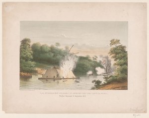 Z.M. Steamship Celebes taistelussa kotta-maran kanssa. Poeloe Kanamit, 6. elokuuta 1859 (otsikko esineessä) tekijältä weduwe Elias Spanier and Zn