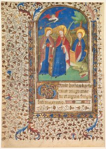 Lehti tuntikirjasta: Sts. Geneviève, Katariina Aleksandrialainen ja Margaret (recto)