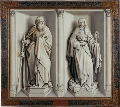 ""Neitsyen häät"" Verso Flemallen mestarina (1375-1444) tunnetun Robert Campinin puumaalaus 1420 Mitat 0,77x0,88 m Madrid, Prado-museo --- Neitsyen häät. Flemalle-mestarina tunnetun Robert Campinin maalaus puulle (1375- tekijältä Master of Flémalle