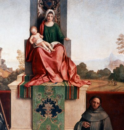 Madonna ja lapsi Pyhän Nikasiuksen ja Pyhän Franciscuksen välillä, tunnetaan myös nimellä Castelfranco Madonna, n. 1502 (tempera paneelissa) tekijältä Giorgione
