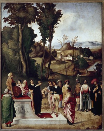 Faaraon tulen ja kullan koettelema Mooseksen lapsi. yksityiskohta (Öljy puulle, n. 1502) tekijältä Giorgione