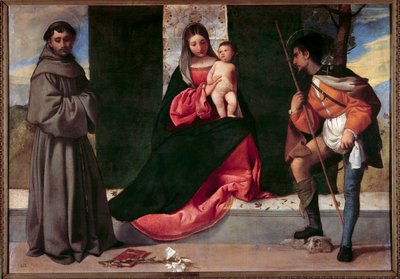 Neitsyt ja lapsi Pyhän Anthony Padovalaisen (san antonio di padova) ja Giorgio Barbarelli da Castelfranco dit Giorgionen (1477-1510) maalauksen Saint Roch välillä. 1500-luvun aurinko. 0,92x1,33 m Madrid, Prado-museo tekijältä Giorgione