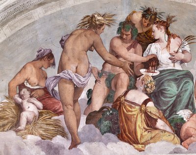 Allegoriat kesästä ja syksystä (Bacchus ja Ceres), pohjoinen muuri, lunette puutarhan oven yläpuolella, Olympuksen sali tekijältä Veronese
