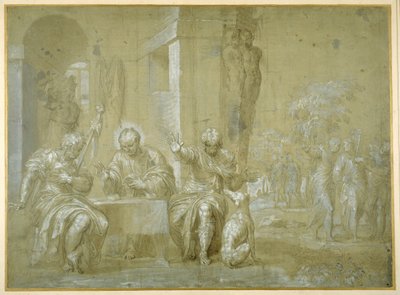 The Supper at Emmaus, n. 1550 (kynä, musta muste ja ruskea pesu paperille) tekijältä Veronese