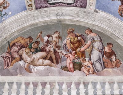 Talven ja kevään allegoriat (Vulcan ja Venus), etelämuuri, lunette Crociera-huoneen oven yläpuolella, Olympuksen sali tekijältä Veronese