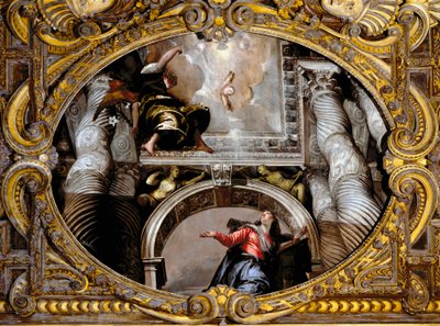 Ilmoitus. Paolo Caliarin maalaus nimeltä Paolo Veronese (1528-1588), vuoden 1568 jälkeen. Öljy kankaalle. Mitat: 340 x 455 cm. Venetsia, SS:n basilika. Giovanni e Paolo (San Zanipolo), Rosaryn kappeli. Venetsia (Pyhien Giovannin ja Paolon basilika (San Zan tekijältä Veronese
