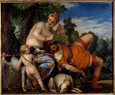 Aphrodite ja Adonis. Adonis, kreikkalaisen mytologian hahmo, rakastaa Aphroditea. Paolo Veronesen (1528-1588) maalaus tekijältä Veronese