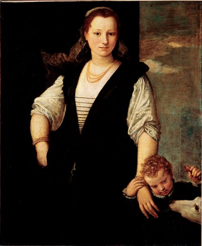 Muotokuva naisesta lapsen ja koiran kanssa (Francesco Bevilacquan lapset?) Paolo Veronese Caliarin (1528-1588) maalaus 1500-luvun su. 115x95 cm Pariisi, Musee du Louvre tekijältä Veronese