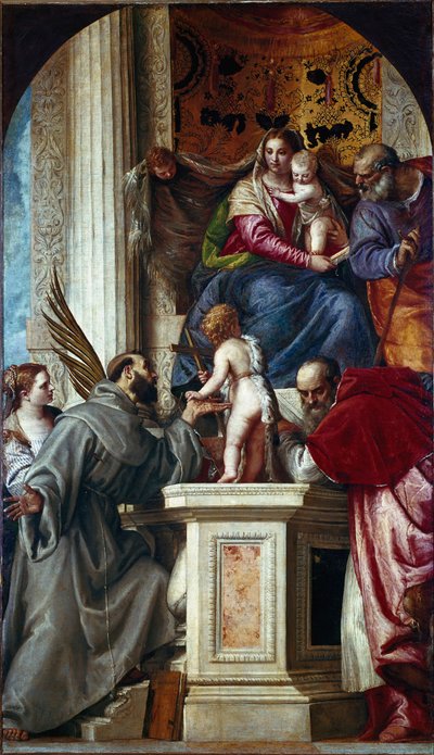 Pyhä perhe pyhien kanssa (pyhä keskustelu, joka tunnetaan nimellä Pala di San Zaccaria tai Pyhän Sakarjan alttaritaulu). Paolo Caliari Paolo Veronesen (1528-1588) maalaus tekijältä Veronese