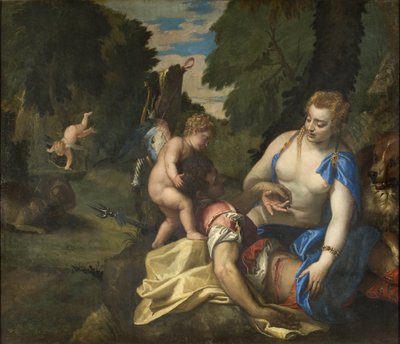 Venus pleurant Adonis - Venus Mourning Adonis, kirjoittanut Veronese, Paolo (1528-1588). Öljy kankaalle. Mitat: 145x173,5 cm. Tukholman kansallismuseo tekijältä Veronese