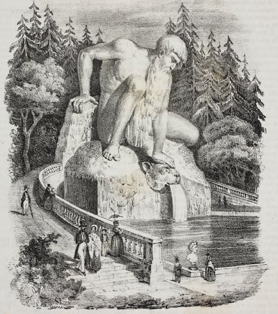 Apenniinien kolossi (Giambologna) Villa Demidoffin puistossa (Villa Medicea of ​​​​Pratolino), Vaglia, Toscana, Italia, Giovanni Marianin litografia Poliorama Pittorescosta, n:o 10, 15. lokakuuta tekijältä Giambologna