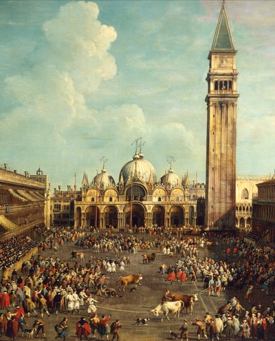 Härkätaistelut tai härkämetsästys Piazza San Marcolla, Giovanni Antonio Canal, joka tunnetaan nimellä Canaletto (1697-1768) ja Giovanni Battista Cimaroli (1687-1753 jälkeen), öljy kankaalle, 99x145 cm tekijältä Canaletto